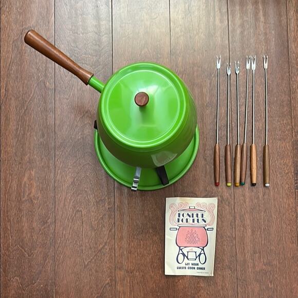 Vintage Green Fondue Set with Wood and Stainless Forks - Picture 1 of 16